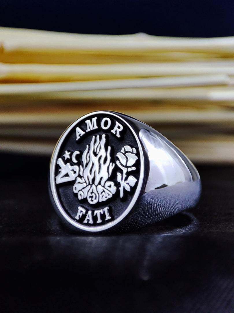 Unique Custom Gothic Skull Memento Mori Signet Ring Amor Fati Jewelry Silver Gift for Him