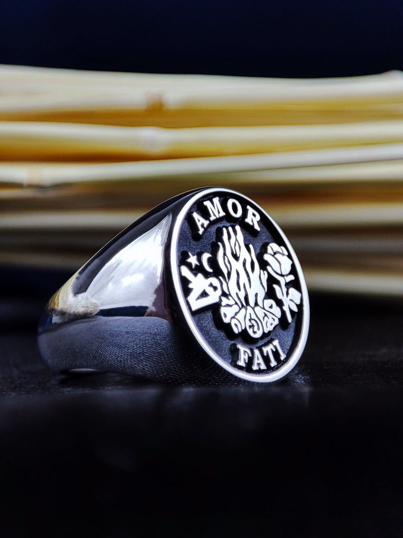 Unique Custom Gothic Skull Memento Mori Signet Ring Amor Fati Jewelry Silver Gift for Him