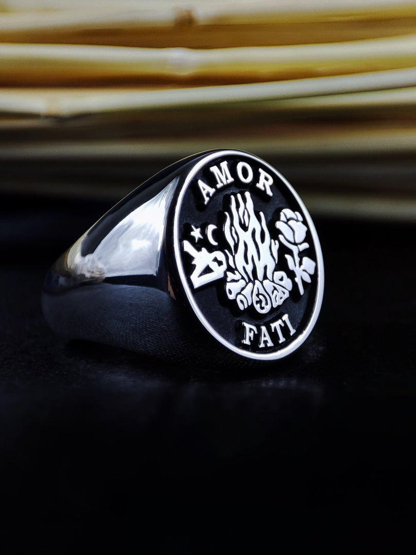 Unique Custom Gothic Skull Memento Mori Signet Ring Amor Fati Jewelry Silver Gift for Him