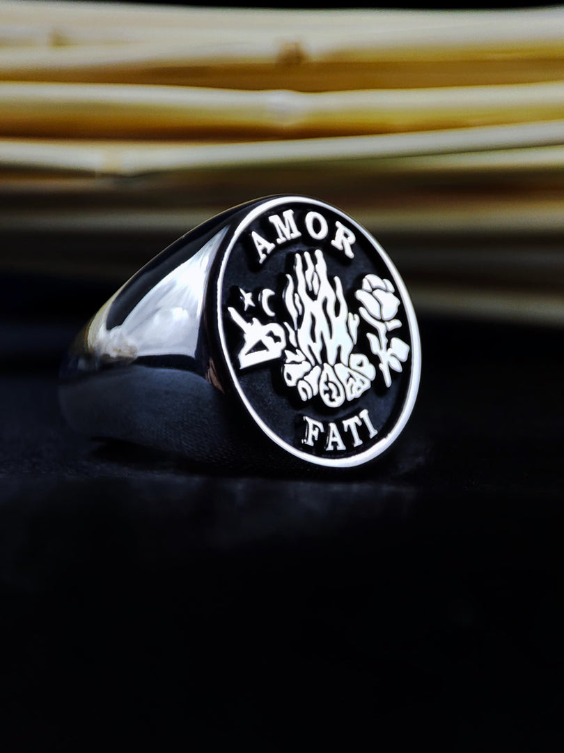 Unique Custom Gothic Skull Memento Mori Signet Ring Amor Fati Jewelry Silver Gift for Him