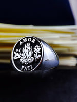 Load image into Gallery viewer, Unique Custom Gothic Skull Memento Mori Signet Ring Amor Fati Jewelry Silver Gift for Him