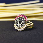 Load image into Gallery viewer, Custom university ring for women, crafted in gold plating with a sleek and modern design. Perfect for commemorating graduation or academic milestones.