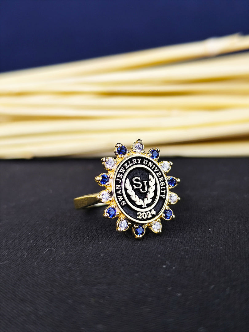 Gold college ring with colorful stones, designed for women. A unique and elegant piece that adds a splash of color to any outfit.