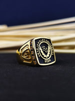 Load image into Gallery viewer, Custom gold-filled college ring with a large stone and square design. This ring celebrates graduation with a touch of sophistication and elegance.