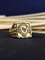 Load image into Gallery viewer, Custom men’s university ring in gold plating, crafted for proud alumni and recent graduates. A stylish accessory for any occasion.