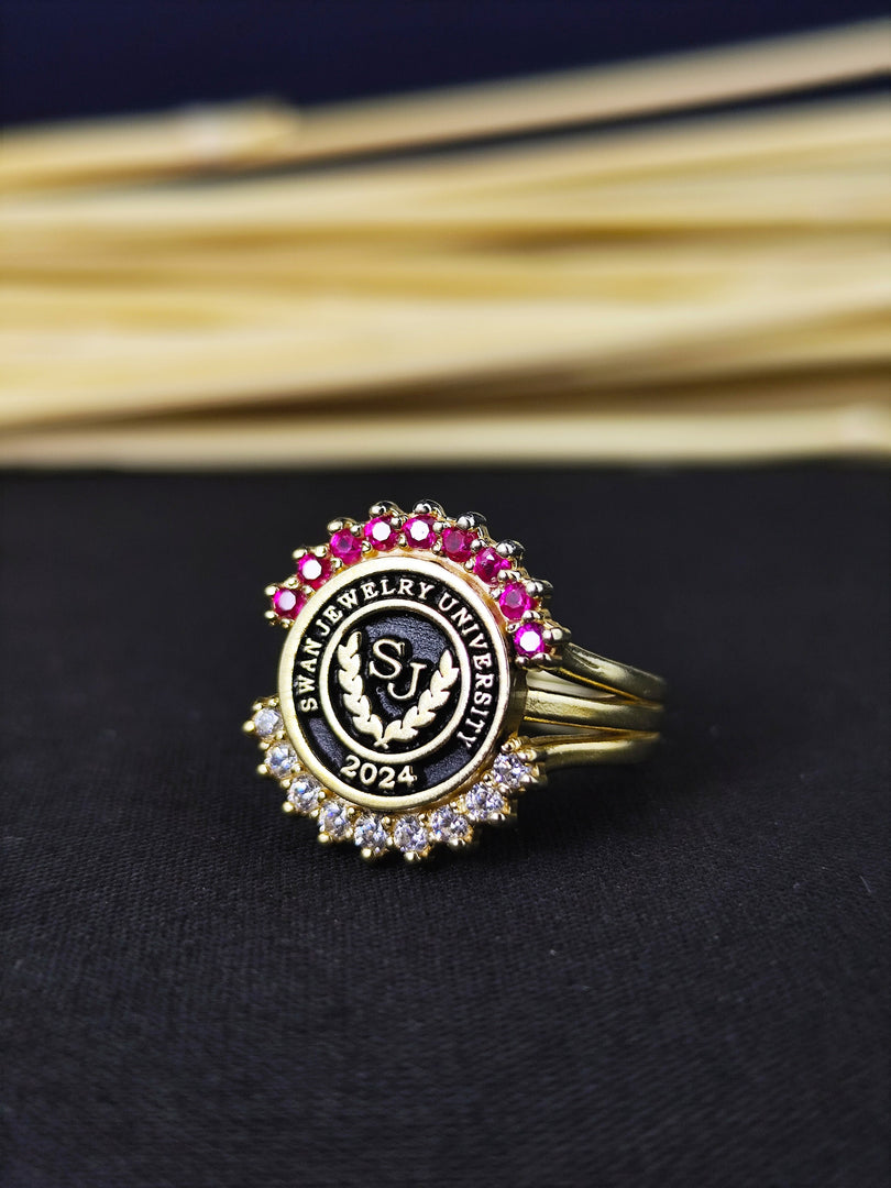 Unique gold-plated women’s college ring, crafted for graduates who appreciate meaningful and stylish jewelry.