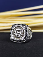 Load image into Gallery viewer, This black stone signet ring is a symbol of nobility and personal heritage. Designed with a custom family crest engraving, this coat of arms ring is a unique and meaningful gift for men. Crafted in silver, its luxurious and durable finish ensures it remains a timeless piece. A perfect choice for those who appreciate heraldic jewelry with a personal touch.