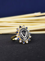 Load image into Gallery viewer, Silver university ring for women with a delicate design and colorful stones. Ideal as a thoughtful gift for recent graduates.