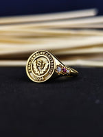 Load image into Gallery viewer, Custom-designed gold-plated women’s university ring, offering a sleek and elegant look. A perfect gift for alumni or recent graduates.