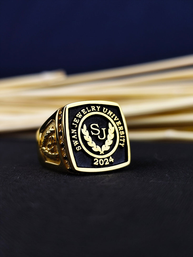 Gold university ring for men with a bold square stone, perfect for celebrating graduation. A timeless piece that adds a touch of class to daily wear.