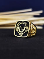 Load image into Gallery viewer, Custom men’s university ring with a square stone set in gold-filled. This ring is perfect for alumni who want to honor their academic journey.
