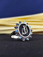 Load image into Gallery viewer, Personalized women’s name ring with a stone, crafted in gold. This ring combines elegance with a personal touch, perfect for anniversaries or birthdays.