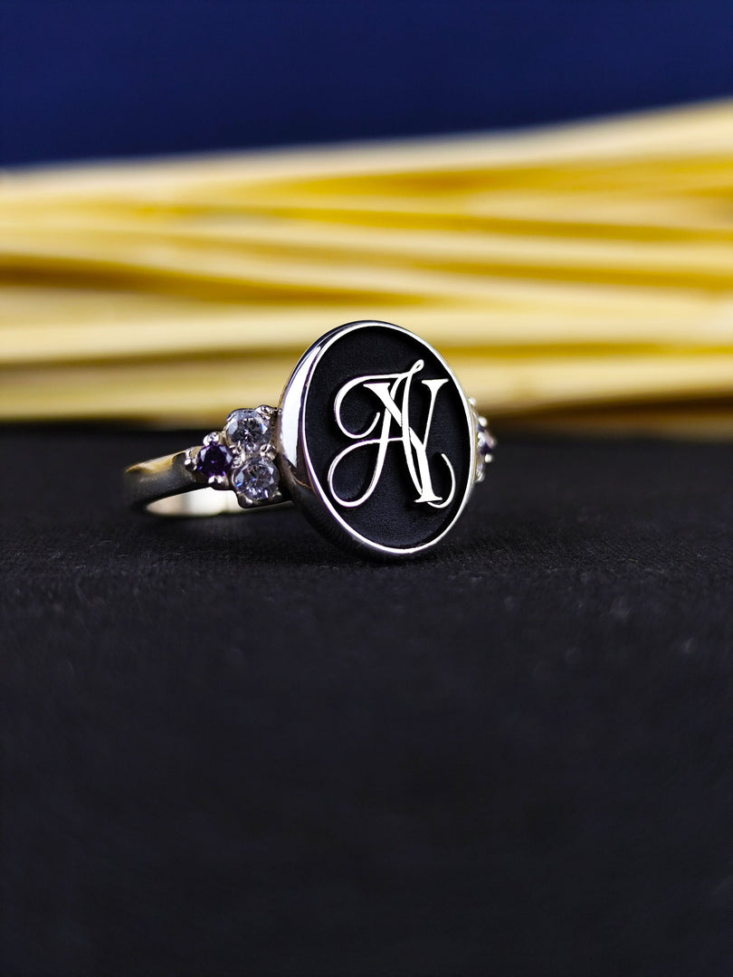 Custom Monogram Personalized Initial Signet Name Ring for Women, Silver Gift