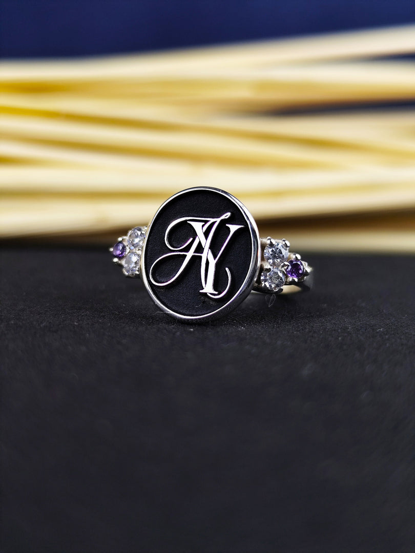 Custom Monogram Personalized Initial Signet Name Ring for Women, Silver Gift
