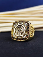 Load image into Gallery viewer, Custom gold-plated college ring for men, featuring a central stone and university crest. Ideal as a meaningful graduation gift, perfect for daily wear or special occasions.