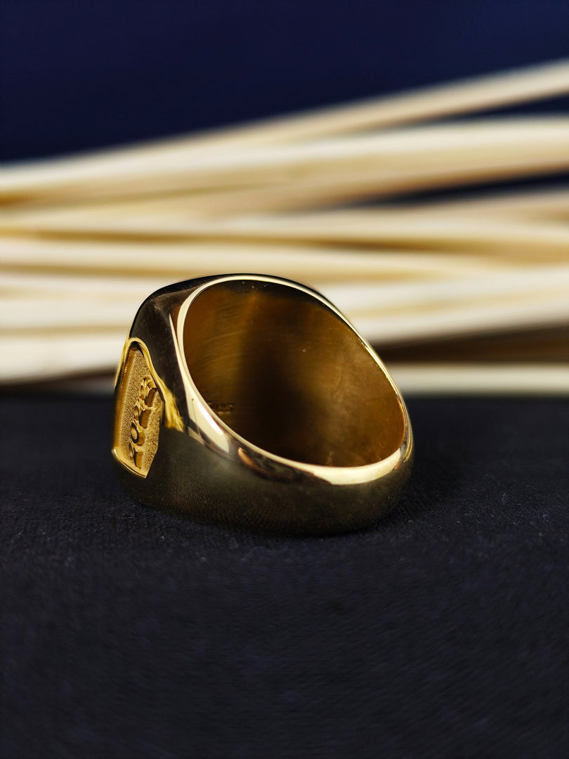 Custom gold-plated college ring for men, featuring a central stone and university crest. Ideal as a meaningful graduation gift, perfect for daily wear or special occasions.