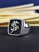 Load image into Gallery viewer, Unique men’s initial ring with a stone, crafted for a classic signet style. Perfect for celebrating personal milestones or as a thoughtful gift.