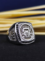 Load image into Gallery viewer, This custom coat of arms ring is a sophisticated piece featuring a detailed family crest engraving. Designed in solid silver with a striking black stone, this heraldic jewelry is ideal for men who appreciate noble and unique designs. A personalized and timeless signet ring, perfect as a gift for anniversaries, special occasions, or as a family heirloom. Crafted with elegance and durability.