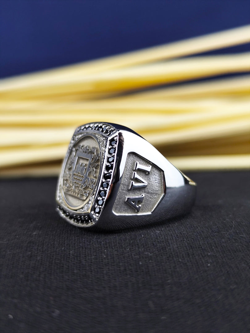 A refined and personalized signet ring for men, featuring a black stone and a custom family crest engraving. This coat of arms ring is a striking piece of heraldic jewelry, perfect for those who appreciate history and heritage. A meaningful and luxurious ring that makes an unforgettable gift for special occasions, including anniversaries and celebrations.