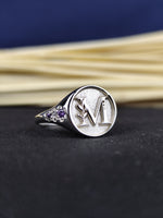 Load image into Gallery viewer, Silver initial ring with a single engraved letter, crafted for a minimalist look. Ideal for personalization, this ring adds elegance to any style and is perfect for gifting.