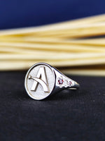 Load image into Gallery viewer, Personalized A initial ring in gold with a minimalist touch. This elegant letter ring is a stylish choice for those who love simple and meaningful jewelry.