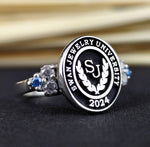 Load image into Gallery viewer, Women’s university ring with a custom-set stone, crafted in gold for a timeless look. This elegant ring celebrates academic achievements and makes a meaningful graduation gift.