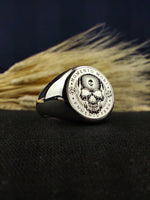 Load image into Gallery viewer, Personalized Memento Mori ring featuring a detailed skull motif, crafted to serve as a thoughtful and meaningful gift