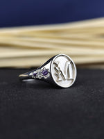 Load image into Gallery viewer, Handmade single initial ring in silver, perfect for celebrating a personal connection. This custom letter ring is a stylish choice for daily wear and special moments alike.