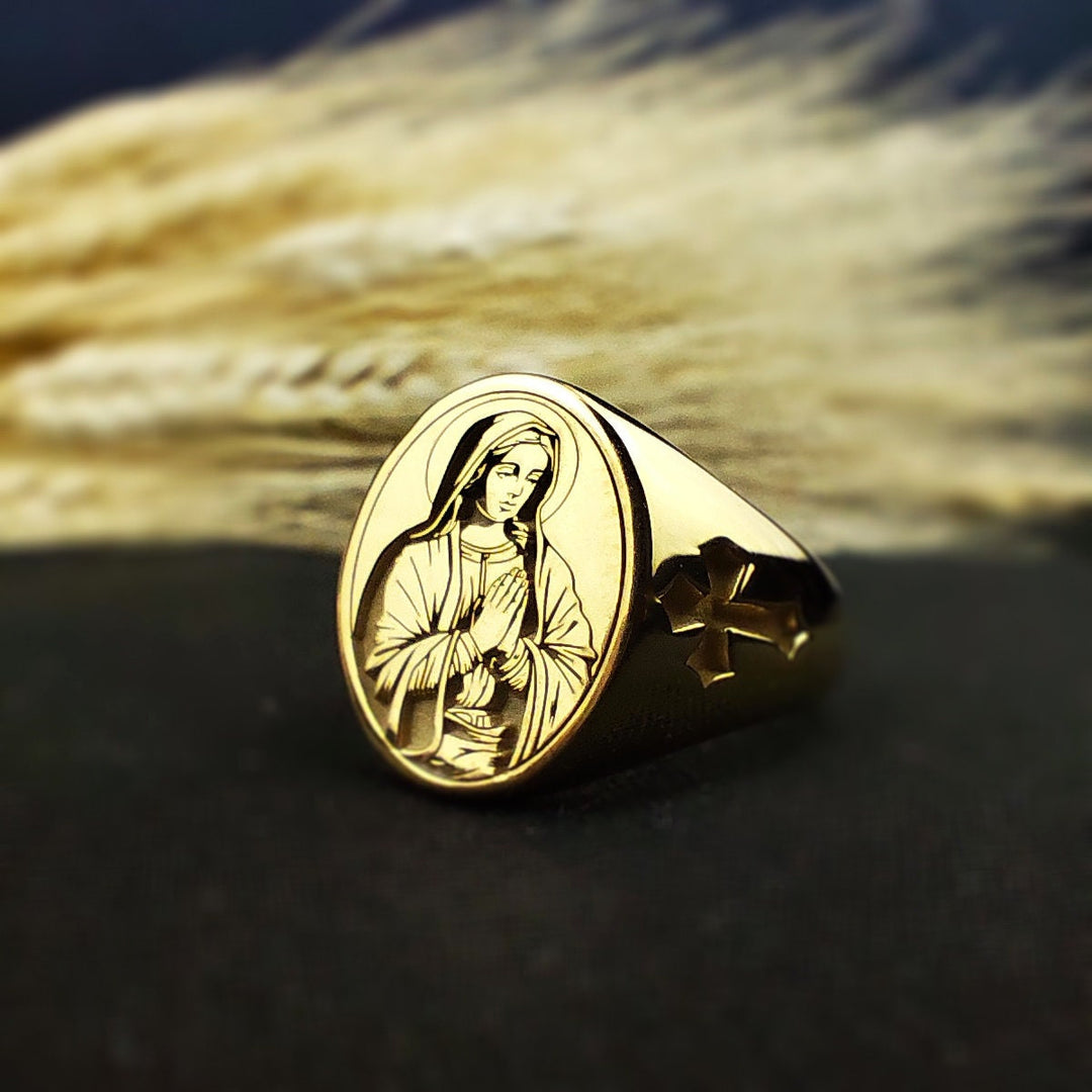 Sacred Virgin Mary ring in gold, a stunning piece of religious jewelry for special occasions.