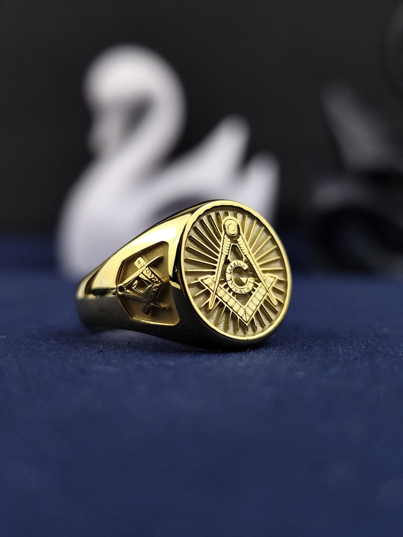 Gold Plated Masonic Signet Ring with G Emblem For Master Mason Personalized Initial