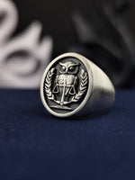 Load image into Gallery viewer, A powerful and mysterious silver owl ring, crafted in 3D detail with a matte finish. This custom animal ring is perfect for those who admire the wisdom of owls and love unique nature-inspired jewelry. A striking piece for men and women, this signet-style ring makes an unforgettable gift for wildlife lovers, fantasy enthusiasts, or those who seek symbolic jewelry with deep meaning.