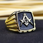 Load image into Gallery viewer, Men’s Masonic ring featuring an engraved Freemason emblem, available in high-quality gold. This custom piece is ideal for Freemasons who value tradition and wish to wear a symbol of brotherhood.