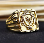 Load image into Gallery viewer, Men’s gold-plated university ring featuring a sleek design and custom crest. A perfect keepsake to celebrate academic achievements.