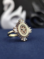 Load image into Gallery viewer, A dainty yet bold university ring, crafted in 14K solid gold with a baguette-cut gemstone centerpiece. Designed for women who appreciate elegance and significance in their jewelry, this class ring makes an excellent graduation or milestone gift. A refined piece that blends tradition with contemporary style, making it a must-have for alumni and students alike.