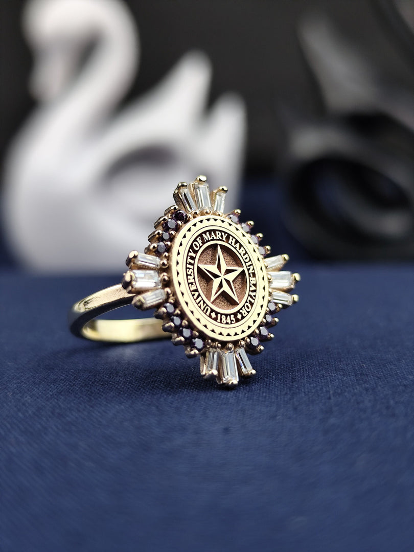 A dainty yet bold university ring, crafted in 14K solid gold with a baguette-cut gemstone centerpiece. Designed for women who appreciate elegance and significance in their jewelry, this class ring makes an excellent graduation or milestone gift. A refined piece that blends tradition with contemporary style, making it a must-have for alumni and students alike.