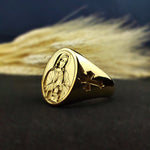 Load image into Gallery viewer, Handcrafted silver ring with a detailed image of the Virgin Mary, representing faith and devotion.