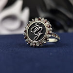 Load image into Gallery viewer, This handcrafted women’s monogram ring is a unique blend of classic and modern design. Featuring two engraved initials with a gemstone accent and a striking enamel finish, this silver signet ring is a perfect accessory for those who love customized jewelry. A beautiful and timeless piece for personal wear or gifting.