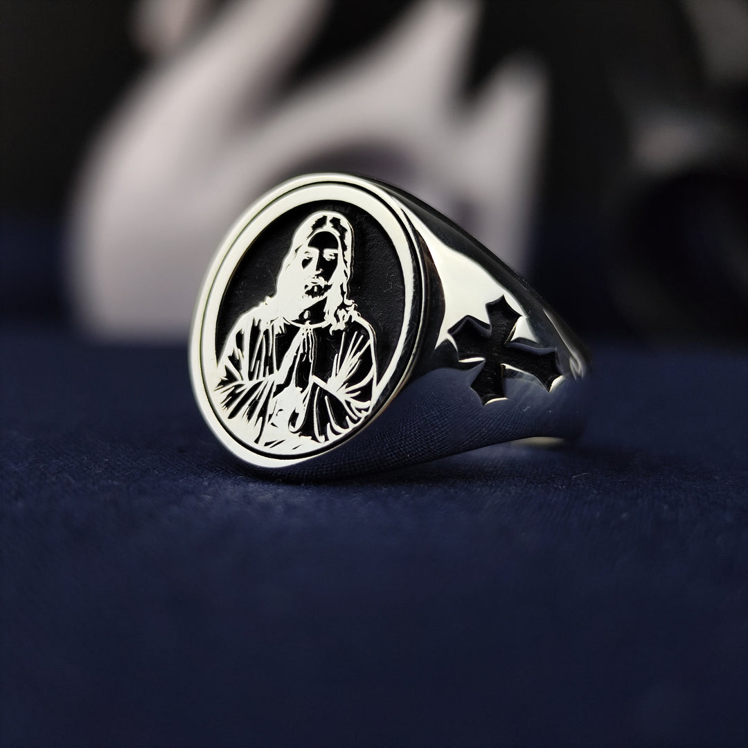 Silver Christian Jesus Face Ring Catholic Cross Jewelry Gift for Men