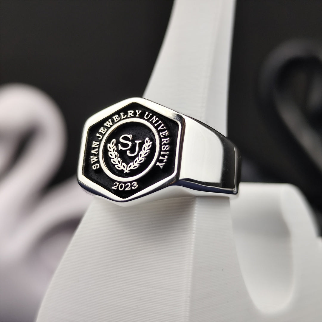Elegant college ring for men with a hexagonal silver design, ideal as a graduation gift or personal keepsake.