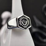 Load image into Gallery viewer, Silver university ring with a hexagonal style, blending modern craftsmanship with a timeless design. Ideal for proud graduates.