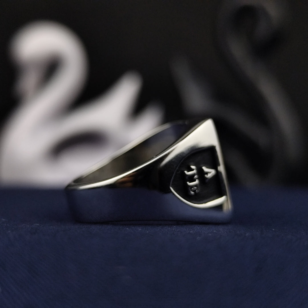 This vintage-inspired heraldic signet ring is a sophisticated accessory that symbolizes heritage and strength. Featuring a square silver design with black enamel accents, it highlights a deeply engraved coat of arms. A meaningful and elegant jewelry piece for those who value their family history, making it a perfect addition to any collection.