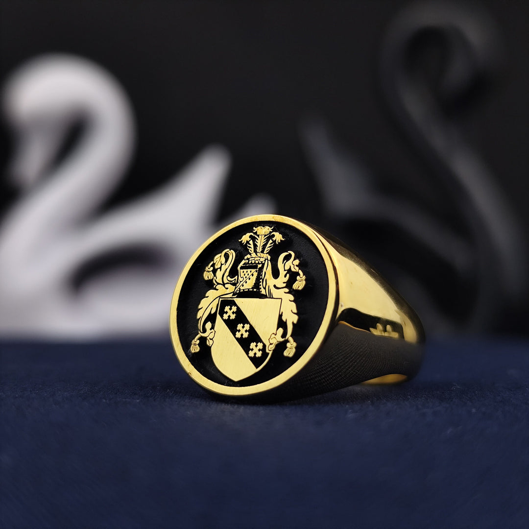 This custom-engraved round heraldic ring is a true masterpiece, blending noble heritage with fine jewelry craftsmanship. The gold-plated finish adds a classic and royal touch, making it an ideal statement piece for those who cherish their lineage. Whether worn daily or reserved for formal occasions, this family crest ring is a tribute to ancestry and tradition.