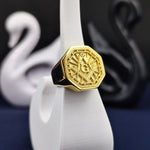 Load image into Gallery viewer, This gold-plated octagonal Masonic ring is a powerful symbol of the Freemason brotherhood. Featuring a finely detailed square and compass engraving, it is a meaningful piece for devoted Masons. Crafted for elegance and durability, this signet ring is perfect for lodge meetings, ceremonies, or as an heirloom jewelry item passed down through generations.