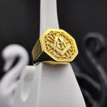 Load image into Gallery viewer, A high-quality octagonal Masonic signet ring, gold-plated for a bold and elegant finish. Featuring a detailed engraving of the square and compass, this ring is a representation of dedication to Freemasonry. Ideal for everyday wear or formal lodge events, this durable and symbolic piece is a distinguished addition to any Mason’s collection.