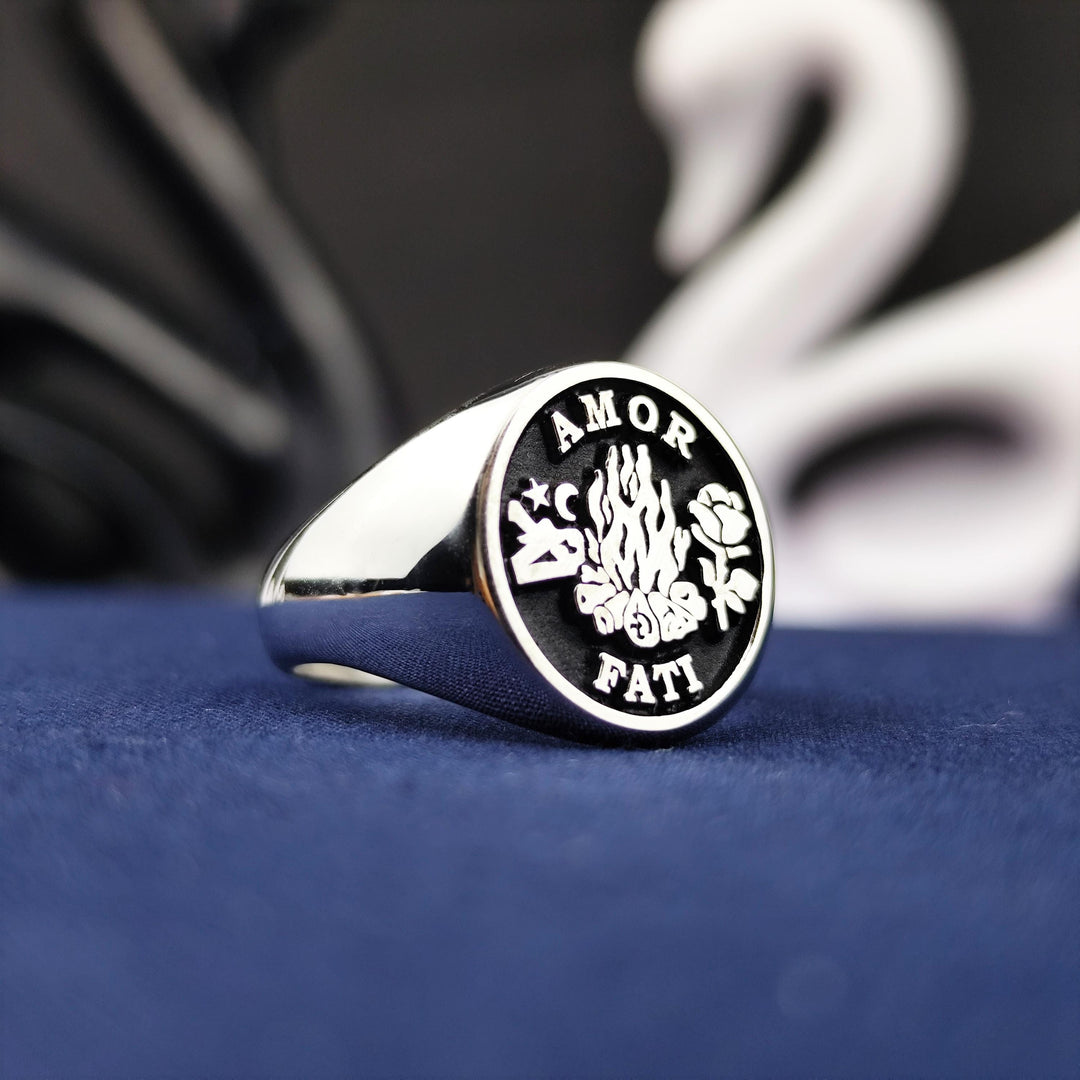 Unique Amor Fati Signet Ring with Silver Skull and Gothic Design