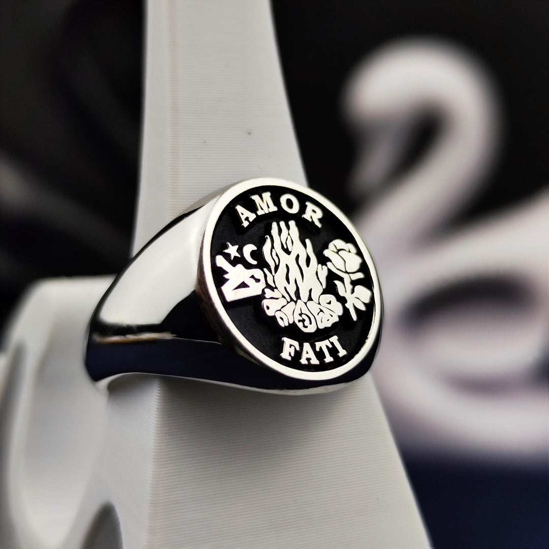 Unique Amor Fati Signet Ring with Silver Skull and Gothic Design