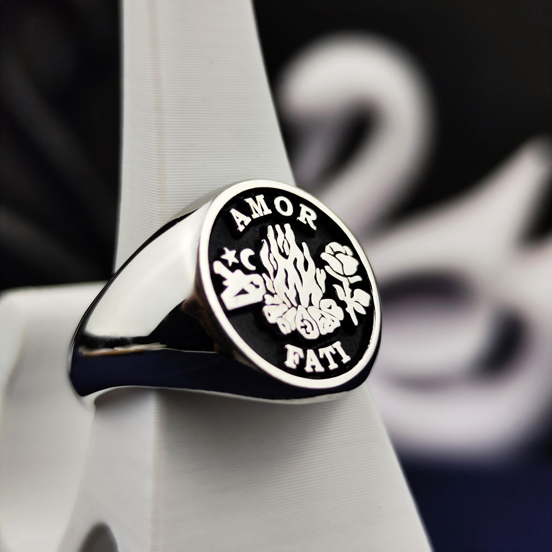 Unique Amor Fati Signet Ring with Silver Skull and Gothic Design