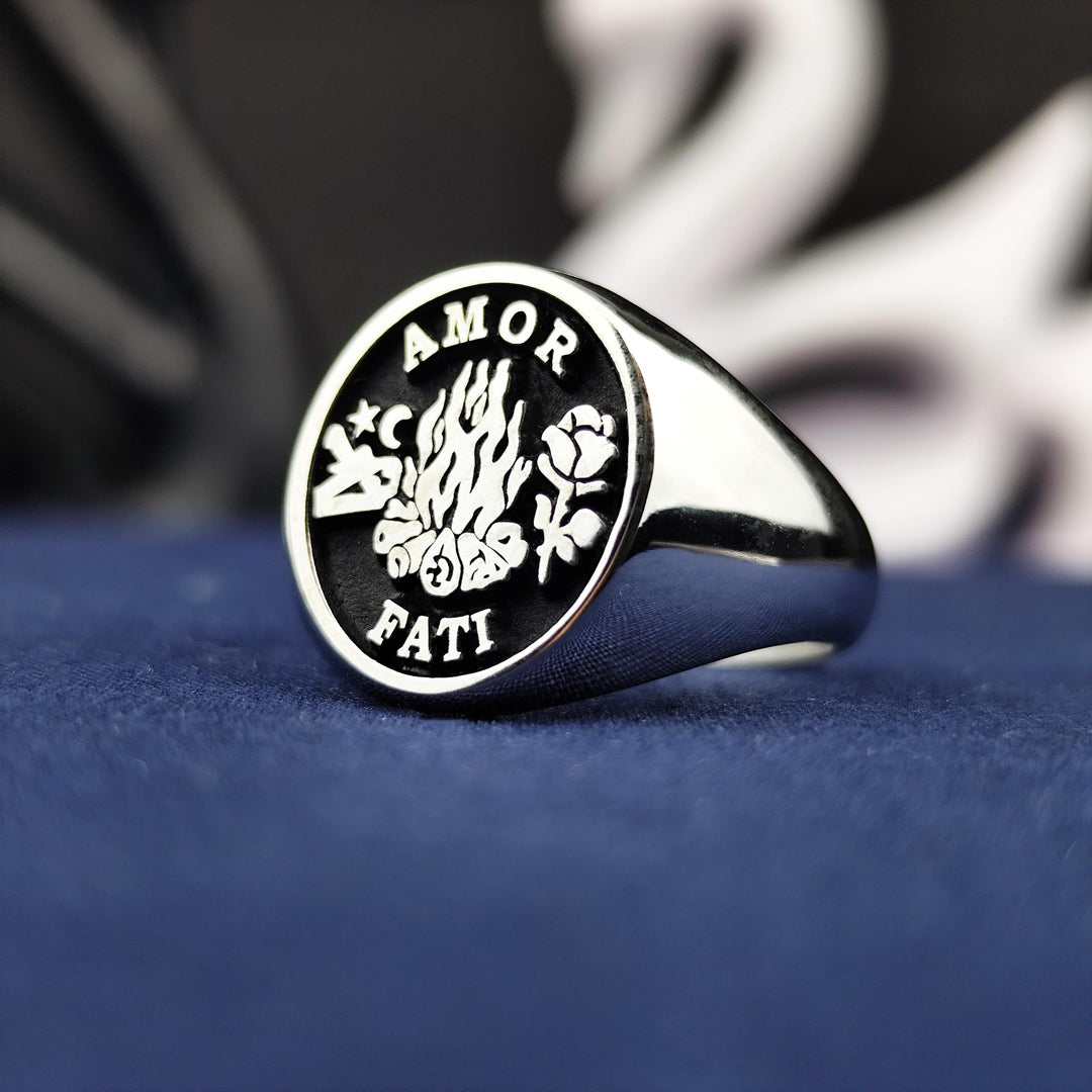 Unique Amor Fati Signet Ring with Silver Skull and Gothic Design