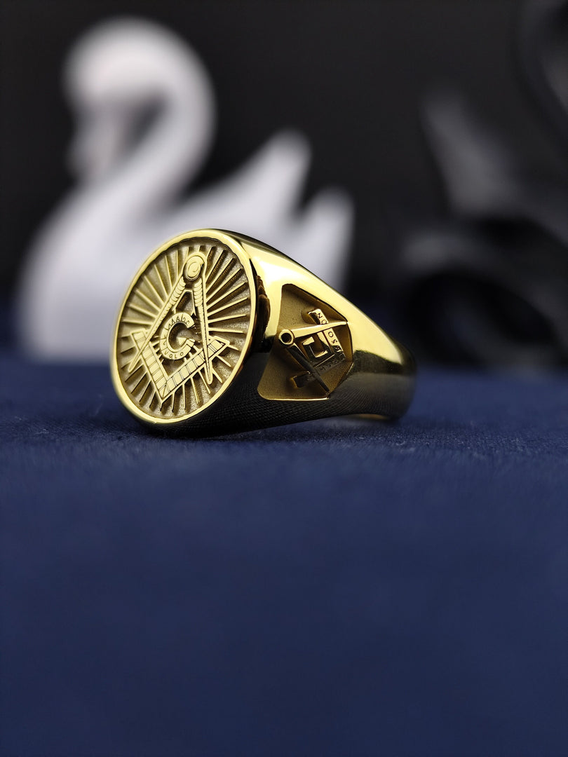 Gold Plated Masonic Signet Ring with G Emblem For Master Mason Personalized Initial