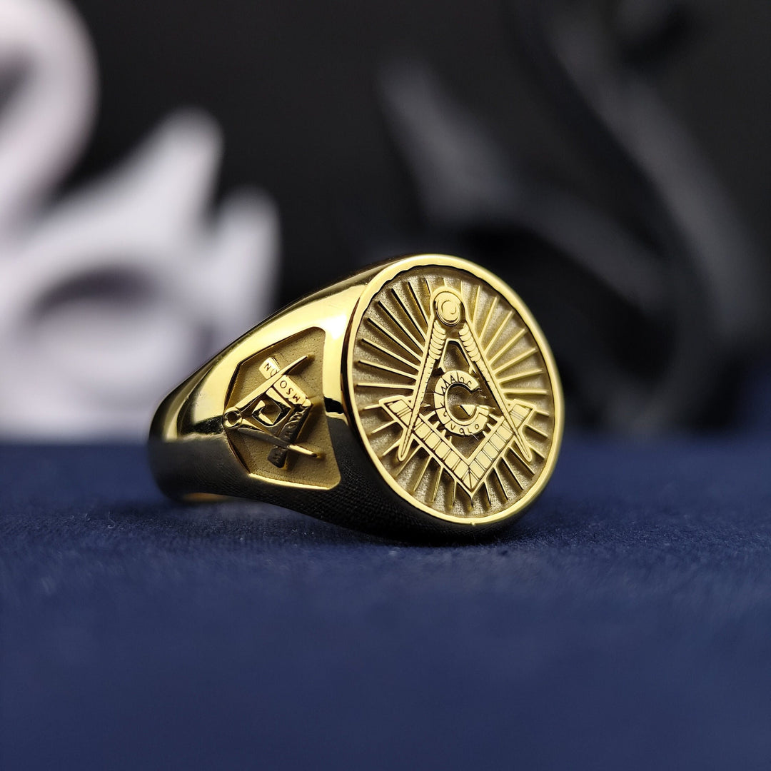 Gold Plated Masonic Signet Ring with G Emblem For Master Mason Personalized Initial